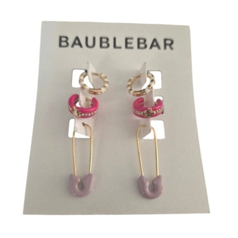 Baublebar Earring Set Gold Enamel Pink Lavender Safety Pin Hoop Huggie 3 Pairs